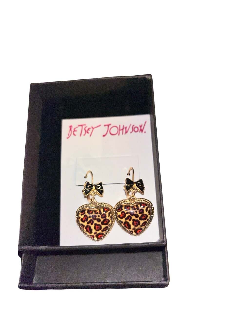 Betsey Johnson Leopard Print Heart Drop Earrings with Bow Detail